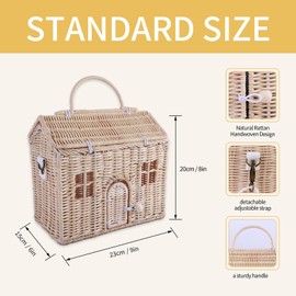 Handwoven Rattan House Storage Basket – Multi-Use Organizer with Handle & Strap, 23x20x15cm (470g)