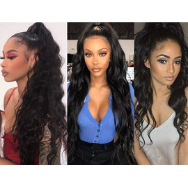 CINHOO 24 Inch Long Body Wavy Drawstring Ponytail Clip in Red Ponytail Extension Synthetic Curly Wavy Pony Tail Hairpiece for Women Thanksgiving Gift (24inch, wine red)