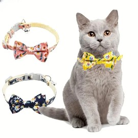 Unbranded Cat Dog Collar Cute Flower Bow Tie Colorful Safety Buckle w/ Bell Yellow 1pc