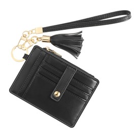 SUIKIHUM Small Credit Card Wallet Slim Wallet with Wristlet Strap, PU Leather Minimalist Card Holder - 8 Card Slots & 1 ID Window & 1 Zipper Pocket, Black