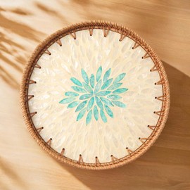 Round Rattan Tray for Kitchen Decor and Serving - Coffee Table, Ottoman, Bed, Couch, Valet Tray - Decorative Rustic Farmhouse Home Decor Accent Piece (Light Green)