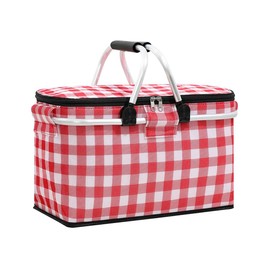 Insulated Cooler Bag-Folding Picnic Basket with Handle，Waterproof Lining - Collapsible Designfor Camping, Trips, Shopping, Outdoor Activities (Red)