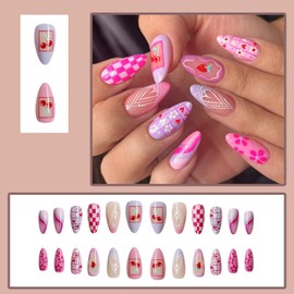 24Pcs Pink Love Plaid Cherry Strawberry Press on Nails - Almond Medium False Nails With Pink Flowers - Summer Glue on Full Cover Cute French Tip Stick on Nails for Women
