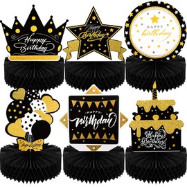 Skylety 6 Pcs Black and Gold Birthday Party Decorations Honeycomb Happy Birthday Centerpieces for Table Reusable Elegant Black Gold Table Toppers for Men and Woman