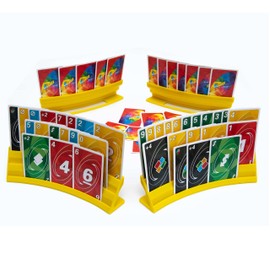 BORICO - Portatarjetas para jugar a las cartas, paquete de 4 soportes para cartas para niños y adultos, bandeja apilable para tarjetas de juego para pacientes con artritis con una bolsa de viaje (amarillo)