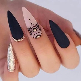 JUSTOTRY 24 Pcs Glitter Stiletto Press on Nails with Diamond Designs,Matte Black French False Nails Long,Pretty Almond Stick on Nails for Women,Medium Oval Fake Nails for Nails Art