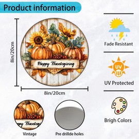 KIYOYO Rustic Round Happy Thanksgiving Sign Pumpkins Wreath Metal Tin Sign Autumn Pumpkins Vintage Funny Hanging Hearthside Holiday Decor 8x8 Inch