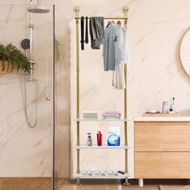 78"Retail Display Gold Clothing Rack Hanging Cothes Rack with Wood Shelves, Wall Mount Heavy Duty Garment Rack Metal Pipe Commercial Closet System for Boutiques, Wardrobe, Bedroom,Floor Standing