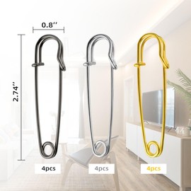 12 Pack Extra Large Safety Pins Blanket Pin Heavy Duty Pin Bulk for Blankets Crafts Kilts Skirts Clothes Leather Canvas Silver Black Gold Metal Safety Pins Assorted Colors Spring Lock Pins Fasteners