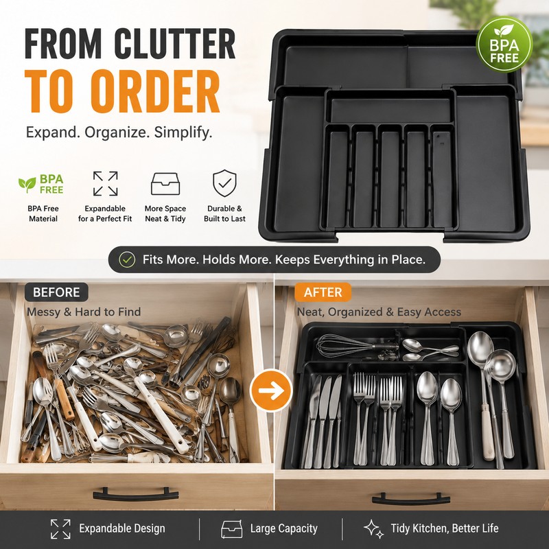 Expandable Silverware Organizer for Kitchen Drawers – 7-Compartment BPA-Free Cutlery
