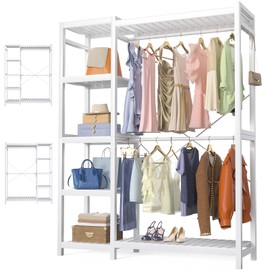Homykic Bamboo Clothes Rack Garment Rack for Hanging Clothes, Heavy Duty Clothing Rack with 7 Tiers Adjustable Shelves, Double Rods, 4 Hooks, Freestanding Closet System Organizer Wardrobe, White