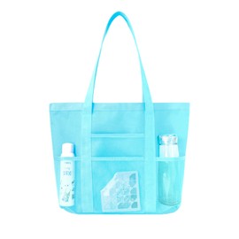 MUNSKT Large Mesh Beach Bag – Waterproof Zip Pocket, Sandproof, Foldable – Ideal for Pool, Travel, Gym & Family Outings – Shopping Grocery Shoulder Bag with Reusable Design (Blue)