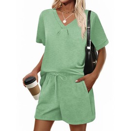 Ekouaer Two Piece Lounge Sets for Women 2025 Summer Short Sets V Neck Pajamas Vacation Outfits Tracksuit,Light Green,M