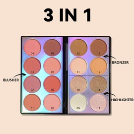 Jutqut 16 Colours Blush Contour Highlighter Makeup Palette with Brush, Highly Pigmented Make Up Palette 3-in-1, Blush Palette Matte Shimmer Glitter Facial Beauty