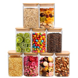 ComSaf 37oz Glass Storage Containers with Lids, Glass Jars with Lids, Clear Food Storage Jar, Square Glass Canister Set of 9, Pantry Organizers and Storage for Cookie Flour Oat Pasta Tea Coffee Bean