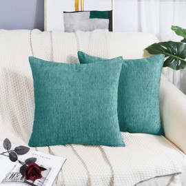 BRAWARM Chenille Throw Pillow Covers 18x18 Inches - Pack of 2 Teal Chenille Pillow Covers, Solid Dyed Soft Chenille Pillow Cases for Couch Sofa Bed Home Decoration