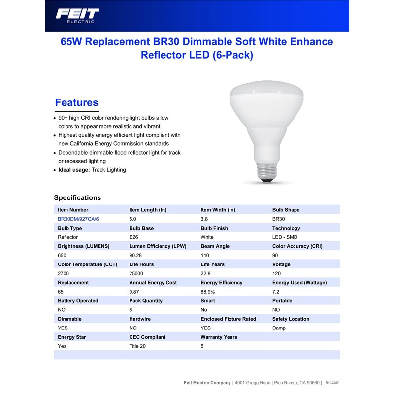Feit Electric BR30 LED Light Bulb, 65W Equivalent, Dimmable, 650