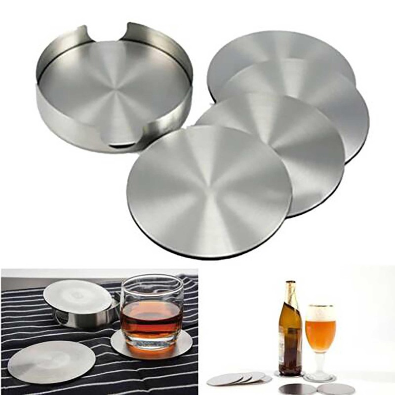 ZAUIBDUU 6pcs Round Stainless Steel Antiskid Coasters with Holder for