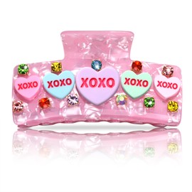 BVGA Valentines Hair Claw Clip for Women Large Square Light Pink Embellished Crystal Candy Heart Acetate Claw Hair Clips Valentines Day Hair Accessories Gfits for Her