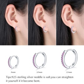 925 Sterling Silver Post Small Hoop Earrings Pink Cubic Zirconia Huggie Hoop Earrings, 3 Pairs 14K White Gold Plated Cartilage Piercing Earrings Ear Cuff Tiny Hoop Earrings for Women Men 8mm 10mm 12mm