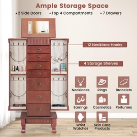 LDAILY Standing Jewelry Armoire Cabinet, Wooden Jewelry Storage Chest with Top Mirror, 7 Drawers, 2 Side Doors, 12 Necklace Hooks, Anti-tipping Device, Tall Jewelry Box Organizer for Women, Walnut