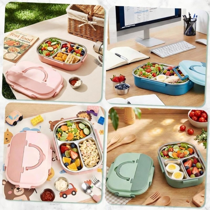 FoldTier 3 Pack Stainless Steel Lunch Boxes Includes 3 Lidded