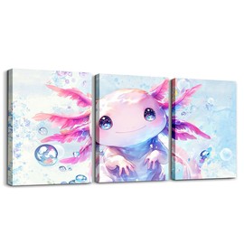 Feelyou Boys Girls Cute Axolotl Canvas Wall Art for Living Room Bedroom Ocean Sealife Wall Painting Kids Kawaii Picture Wall Decor Cartoon Salamander Wall Art for Home Decor 12"x16"x 3Pcs