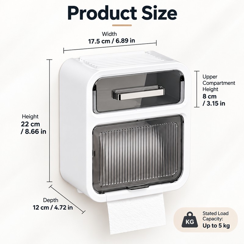 Wall-Mounted Toilet Paper Holder with Drawer – No-Drill Waterproof Tissue