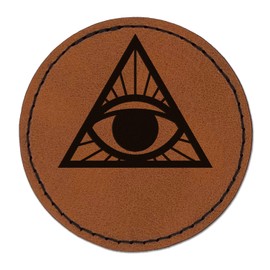 All Seeing Eye of Providence Round Iron-On Engraved Faux Leather Patch Applique - 2.5 Inch - Brown