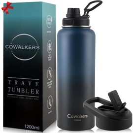 Termo de Acero Inoxidable para Agua Fría y 2 Tapas - Botella Térmica Metálica con Doble Pared para Mantener el Frío Gimnasio, Deportes y Oficina (Azul-Negro, 1180ml/40Oz)