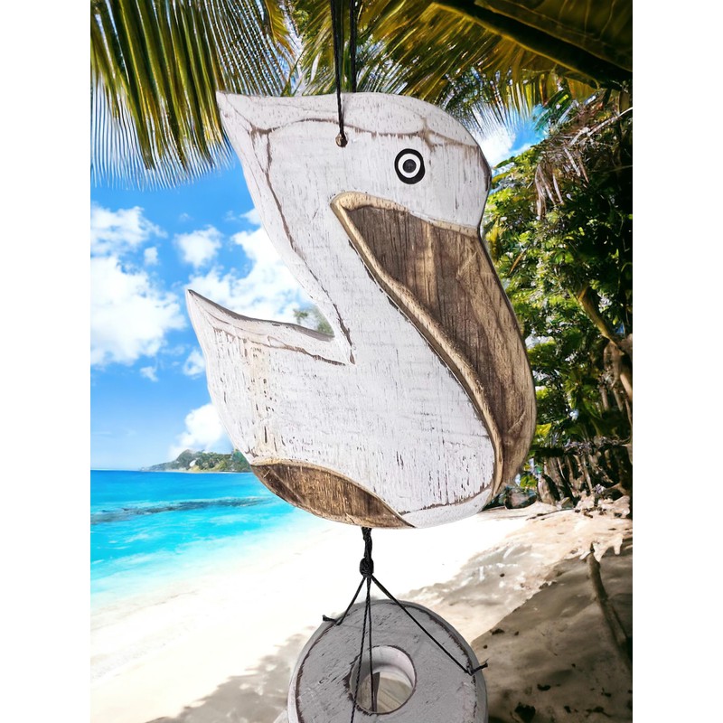 Coastal Pelican Windchime – Whitewashed Bamboo & Distressed White Wood