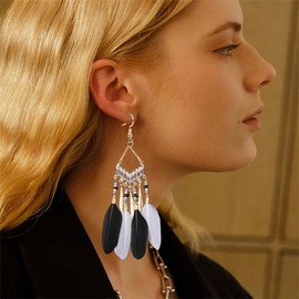 Long Boho Feather Earrings for Women Gold Plated Bohemian Enamel Feathers Dangling Drop Earring Turquoise Beaded Tassel Fish Hook Dangle Stud Vintage Jhumka Jhumki Native American Jewelry (Black White Feathers)