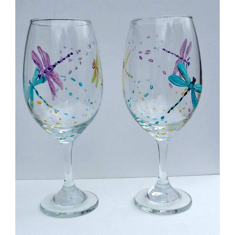 2 Dragonfly Multi Color Hand Painted Wine Glasses