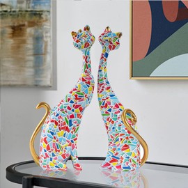 LIKEUDO Set of 2 Resin Cat Statues Sculptures Cat Figurine (Graffiti)