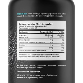Creatina Monohidratada Micronizada. 240 Cápsulas. 120 Gramos. Alta Pureza Sin Sabor. Ingredientes naturales. Creatine Monohydrate B Life.