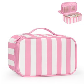 Relavel Travel Makeup Bag, Small Floral Cosmetic Bag with Makeup Brush Compartment, Portable Makeup Pouch for Women, Double Layer Makeup Organizer Bag Cute Toiletry Bag, Wide Strip