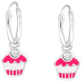 JAYARE Girls Muffin Cupcake Earrings 925 Sterling Silver Glitter Crystals Pink Children's Hoop Earrings, Sterling Silver, Crystal
