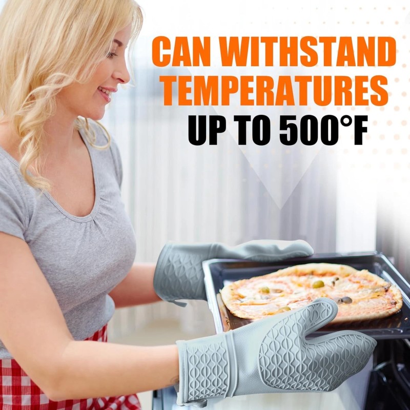 HESEE Silicone Oven Mitts, Heat Resistant 2PCS Mitts with Soft