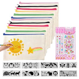 Tefola 12 Bolsas De Lona En Blanco Con Cremallera Para Manualidades, DIY Organizador Garabateable Con 8 Plantillas y 4 Pegatinas Para Estuches De Maquillaje, Neceseres y Bolsas De Aseo