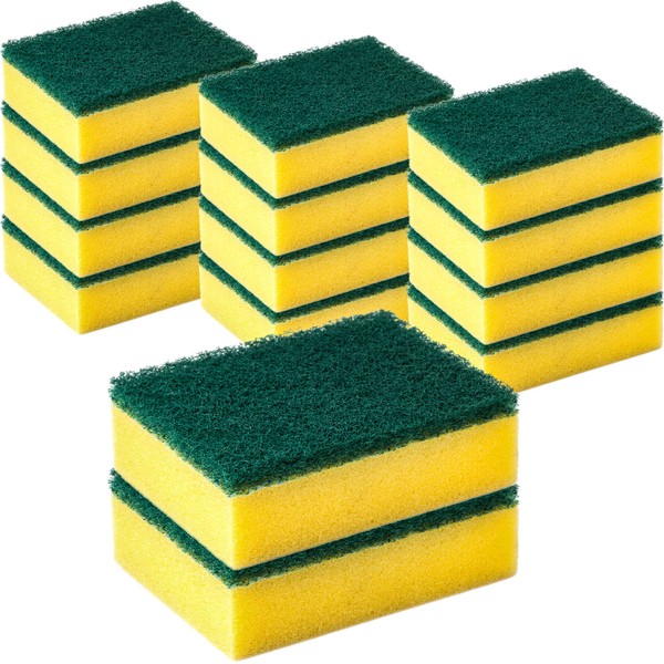 DecorRack 14 Cleaning Scrub Sponges for Kitchen, Dishes, Bathroom, Car Wash, One Scouring Scrubbing One Absorbent Side, Abrasive Scrubber Sponge Dish Pads, Heavy Duty, Green Yellow (Pack of 14)