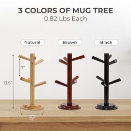 Nabytok Pack 2 Mug Tree 6 Hooks Rubberwood 13.5"x7"x7", Strudy & Thick Base, Large & Small Cup Holder Tree Wooden for Jewelry, Kitchen Tools, Pantry, Ornaments, Countertop, Table Organizer (Brown)