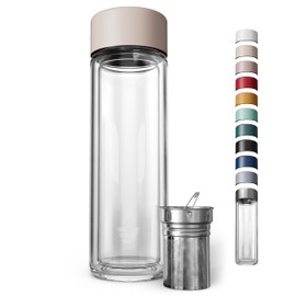 EVER VESSEL Glass Multi Tea Infuser Bottle 14oz - Double Wall Borosilicate Glass Flask | No Plastic Touches Contents | Perfect for Office or Home - Beige