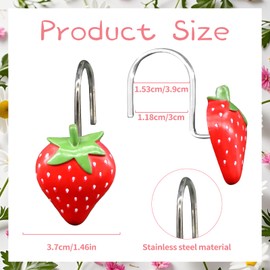 Inshere Cute Strawberry & Floral Shower Curtain Hooks, 12Pcs Rustproof Stainless Steels Fruit Strawberry Flower Decoration Bathroom Shower Curtain Hanger Decor