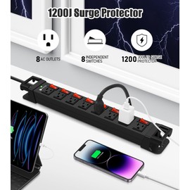Heavy Duty Power Strip with Individual Switches,8 Outlets 14 Gauge Industrial Shop Garage Metal Multiple Outlets,1200J Surge Protector Mountable Power Strip (Black, 25 FT)