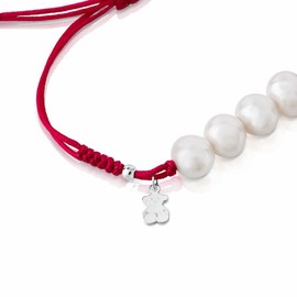 TOUS Pulsera de Cuerda Fucsia y Perlas para Mujer con Motivo Oso en Plata de Primera Ley, 16 cm de Largo, Original y Atrevida, Colección Pearls