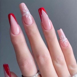 Long Coffin Press on Nails Christmas Fake Nails Red French Tip False Nails Glitter Line with Snowflake Design Acrylic Artificial Glue on Nails Full Cover Stick on Nails for Women Manicure Art 24Pcs
