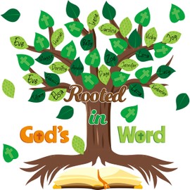 CY2SIDE Leaves Bible Tree Bulletin Board - 86PCS Rooted in God’s Word Tree Bulletin Board Set Green Leaves Name Tag Trees Cutouts Trim Borders for Faith Religious Sunday School Wall Decor