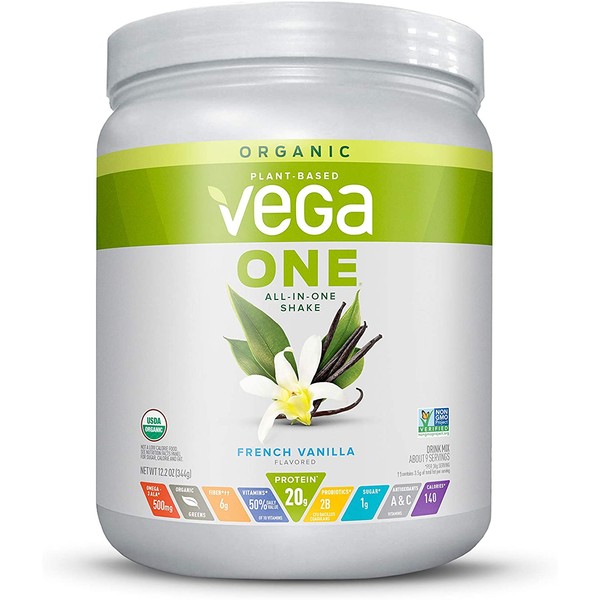 Vega One Organic, French Vanilla, Meal Replacement Protein Powder, Vegan, Plant Based, Superfood, Vitamins, Probiotics, Dairy Free, Gluten Free, Pea Protein for Women and Men, 12.2 Ounces (9 Servings)
