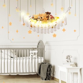 CERETIA Stuffed Animal Hammock with LED Light, Large Stuffed Animals Storage Corner Plushie Net for Kids Room Decor, Jumbo White