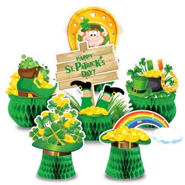 Whaline 6Pcs St.Patrick's Day Honeycomb Table Centerpiece 3D Shamrock Leprechaun Green Lucky Gold Coin Clover Hat Cute Decorative Irish Table Topper for Saint Patrick Party Home Decor